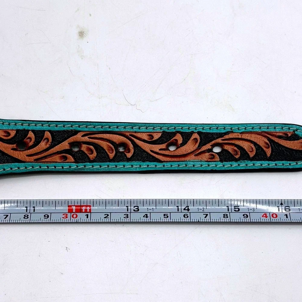 Myra Bag Acety Hand Tooled Leather Dog Collar Turquoise Whipstitch Floral Small